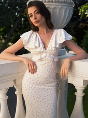 Aiertu  Elegant Floral Printed Ruffle Hem Dress Women Chic V-neck High Waist Slim Fit Long Dresses 2025 Summer Holiday Lady Vestidos Aiertu