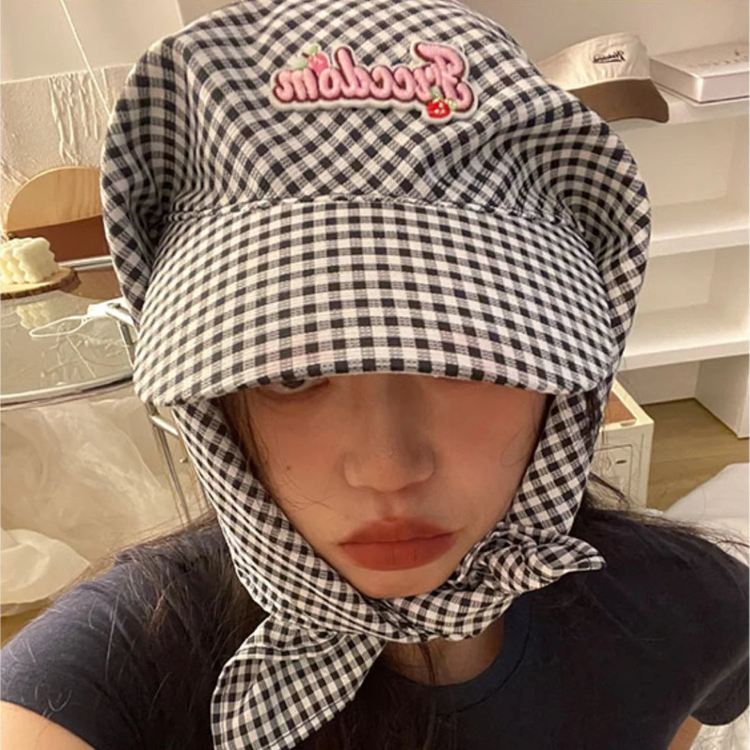 Aiertu  -  Sweet Cool Lattice Headscarf Hats Women Girl Summer Sun Protection Baseball Caps Adjustable Foldable Beach Hat Portable Sun Hat Aiertu