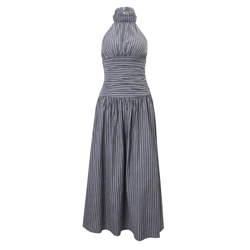 Aiertu  Stripe Halter Backless Pleated Fashion Elegant Casual Bodycon Midi Dress Spring Summer Fashion Party New Women Vestidos Aiertu