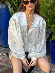 Aiertu  -  V-neck Lantern Sleeve Sexy Print Shirt For Women Elegant Long Sleeve Lace-up Fashion Slim Patchwork Casual 2025 Blouse Aiertu