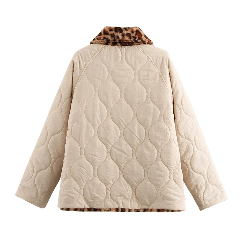 Aiertu  -  Fashion Double-Side Beige and Leopard Quilted Cotton Jacket For Women Winter Turn-down Collar Single-breasted Pocket Outerwear Aiertu
