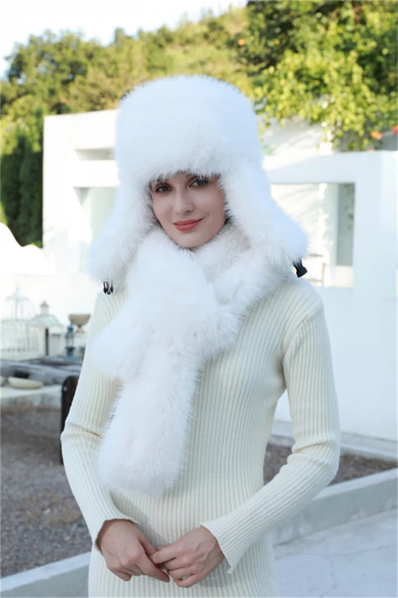Aiertu  -  Hat Scarf Set Winter Warm Earmuffs Hat Girl Hat Natural Fluffy Plush Hat Leather Hat  Шапка Женская Aiertu