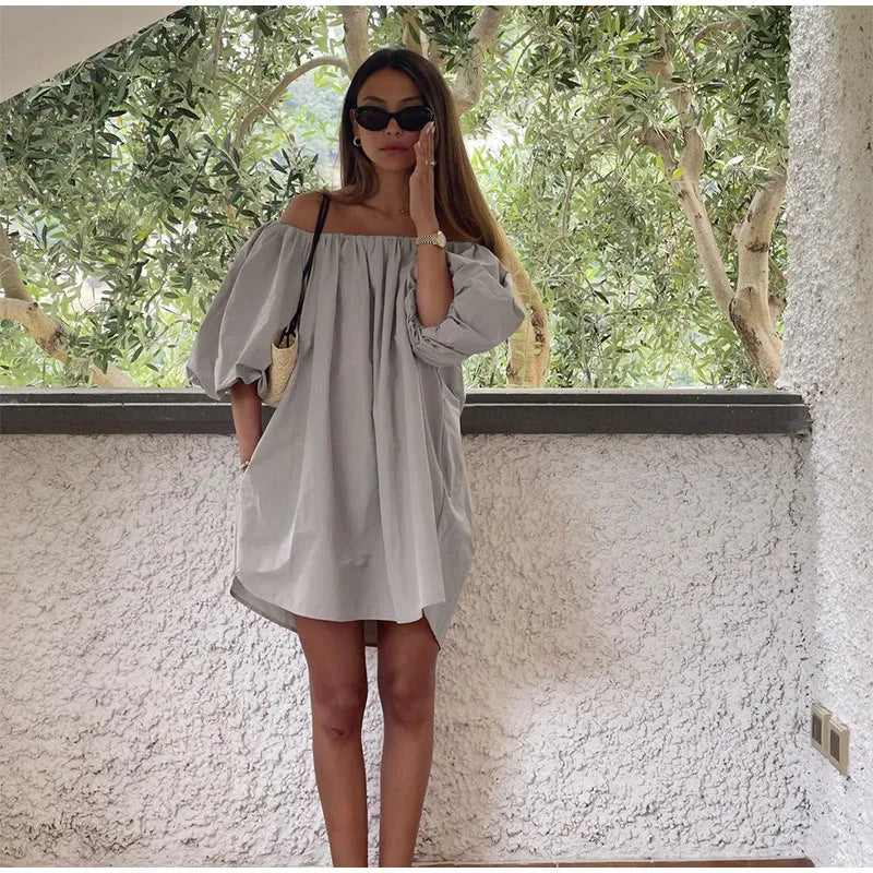Aiertu  -  Sexy One Neck off Shoulder Bubble Sleeve Dress, European and American Fashion Short Skirt, Women's Cross-border Aiertu