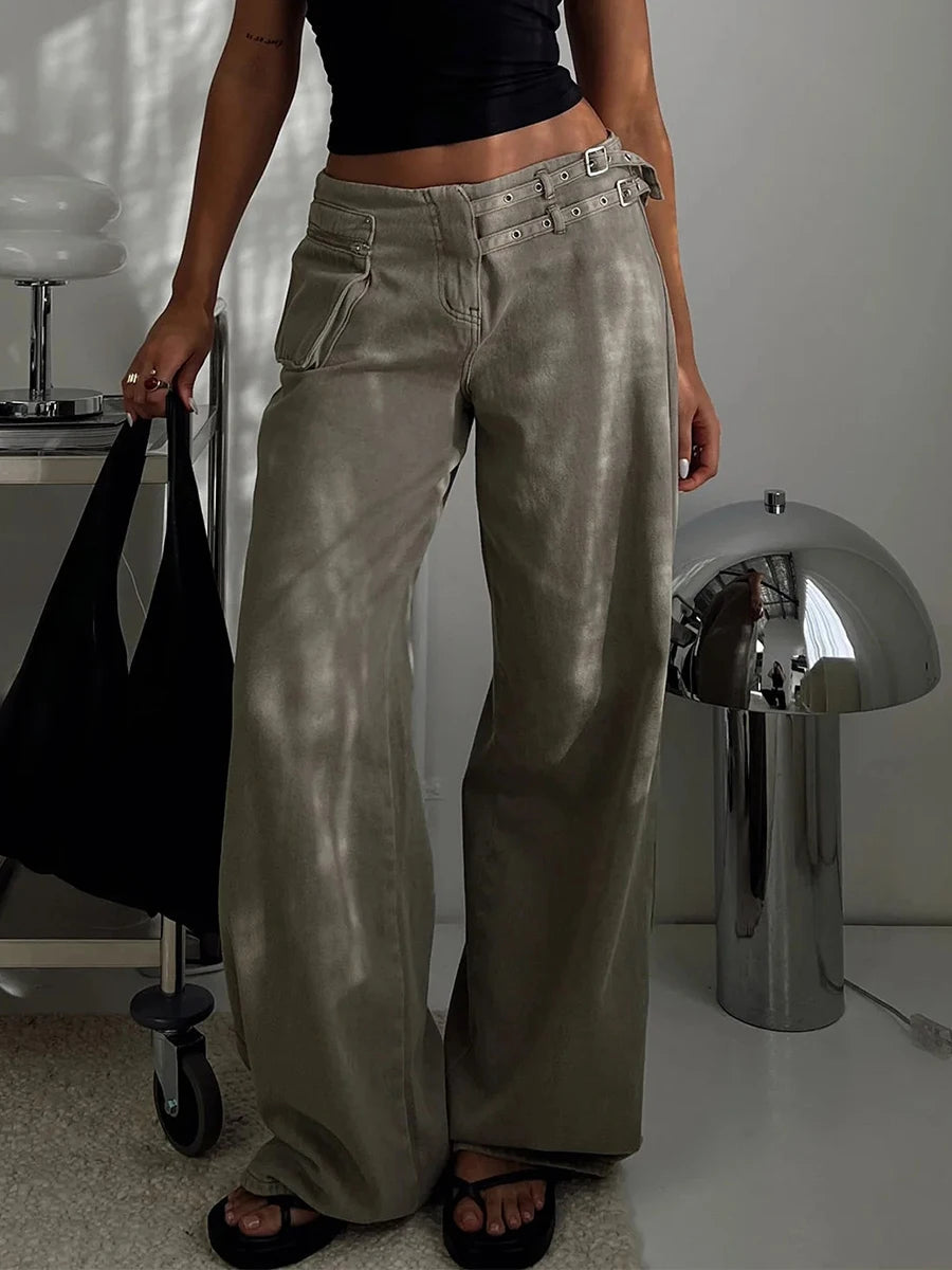 Aiertu  -  Pocket Adjustable Waist Wide Leg Pant Women Low Rise Waist Baggy Denim Trouser Streetwear Fashion Vintage Jeans Femme Summer New Aiertu