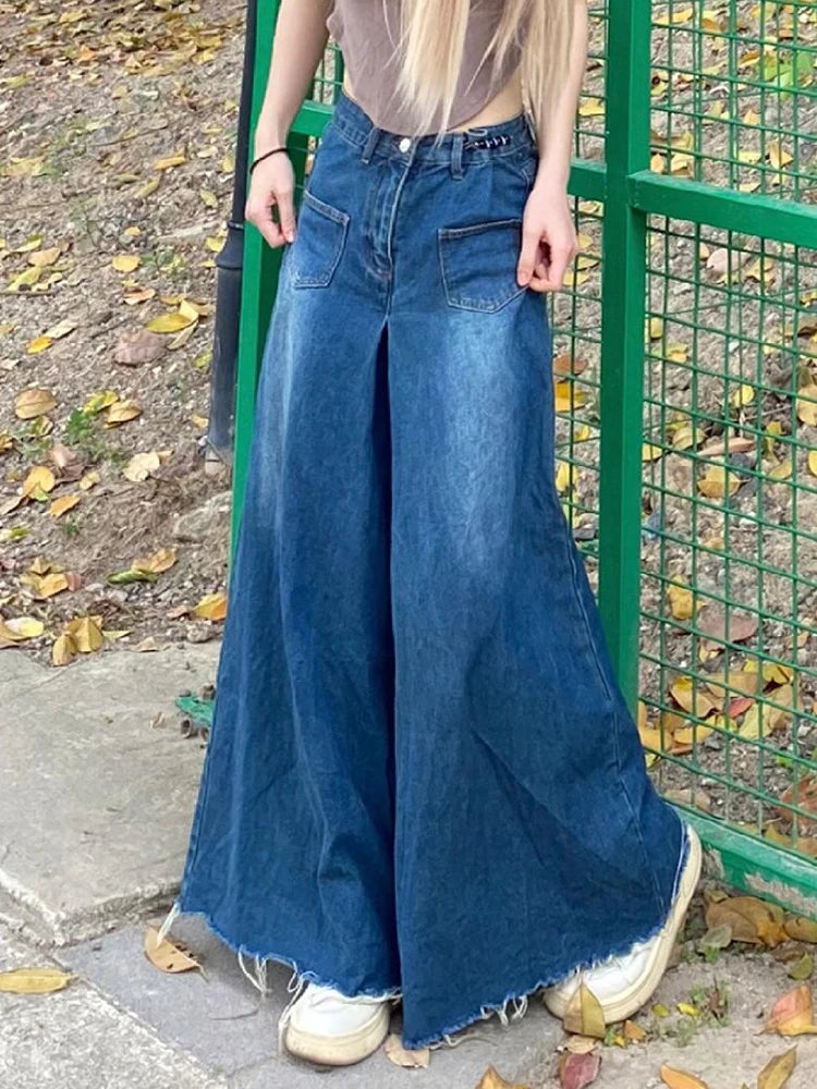 Aiertu  -  Denim Elephant Wide Leg Pants Women High Waist Solid Distressed Pleated Frayed Casual Baggy Jeans Vintage Streetwear Aiertu