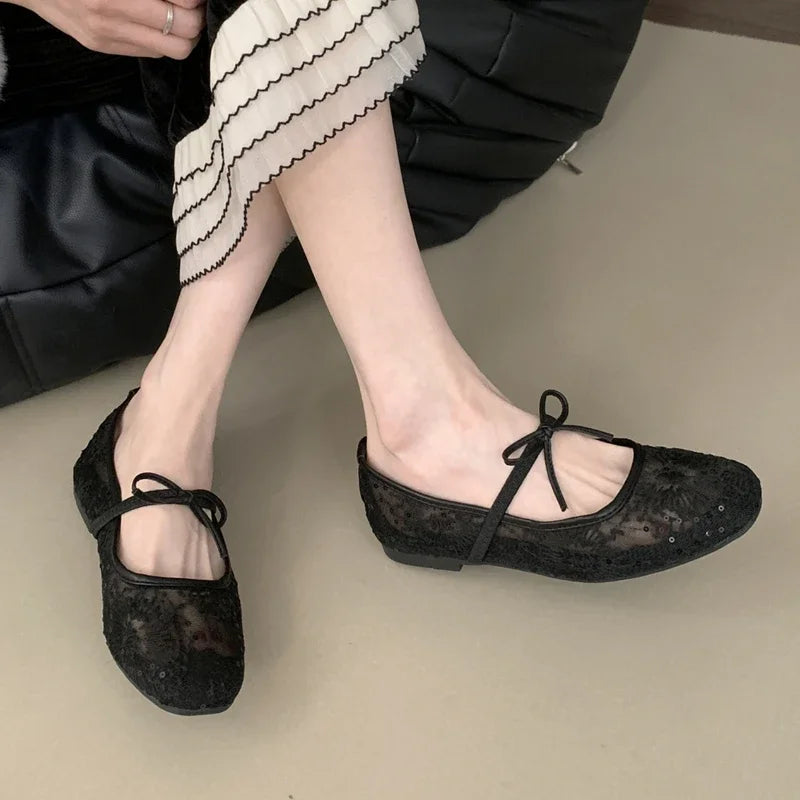 Aiertu  -  Mesh Lace Breathable Flat Shoes Women Embroidery Comfort Mary Jane Shoes Fashion Footwear Female Designer Brand Ballet Shoes Aiertu