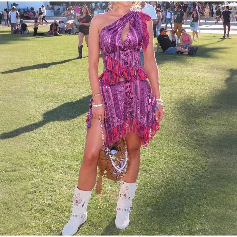 Aiertu  -  Printed Tassles Patchwork Backless Mini Dress Women Skew Collar Hollow Out Sleeveless A-line Dresses 2025 Summer Vacation Outfit Aiertu
