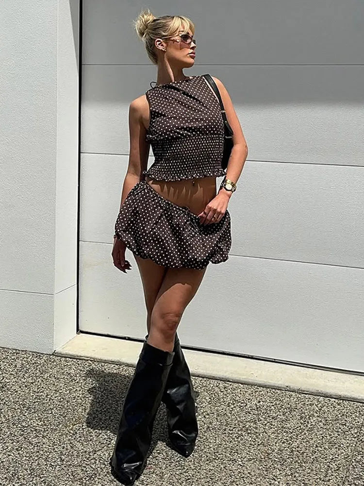 Aiertu  -  Polka Dot Sleeveless Women Vest Top Skirt 2 Piece Set Backless Elastic Waist Cinched Crop Short Blouse Bow Fuffy Lantern Skirts Aiertu