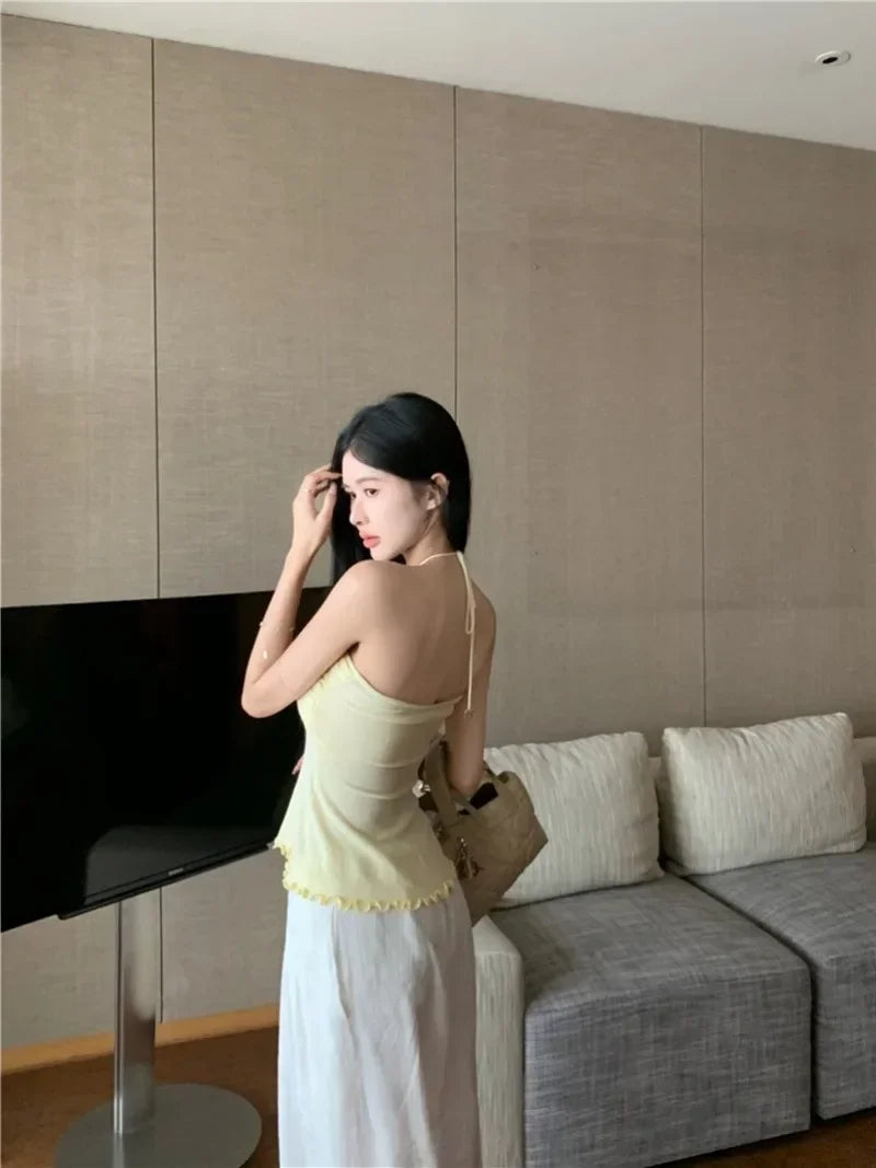 Aiertu  -  Sweet Hot Girl Sexy Knitted Halter Neck Top Women's Summer Slim Fit Backless Lace-up Strapless Vest Top Fashion Female Clothes Aiertu