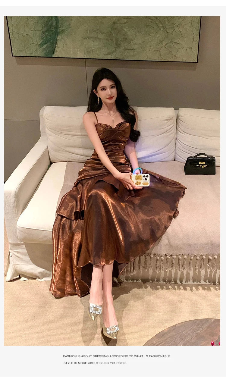 Aiertu  Vintage Long Dress Women Party Prom Sexy Spaghetti Strap Maxi Dresses Elegant Ruffles Robe Summer Korean Bodycon Vestidos Aiertu
