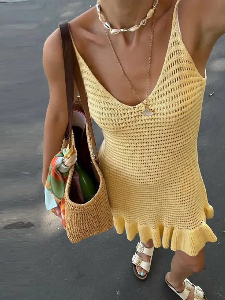 Aiertu  -  Casual Knit Hollow Out Dress Women V-neck Sling Sleeveless Backless Ruffle Hem Mini Dresses Female 2025 Spring Summer Lady Gown Aiertu