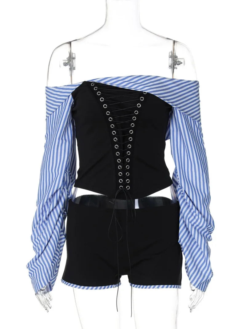 Aiertu  -  Fashion Chic Women Long Sleeve Striped Long Sleeve Corset Shirts + Shorts 2 Piece Sets High Street Tunics Bandage Female Suit Aiertu