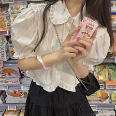 Aiertu Sweet Cute White Shirt Women Pink Ruffles Puff Sleeve Blouse Student Summer Kawaii Preppy Japanese Loose Casual Crop Tops Aiertu
