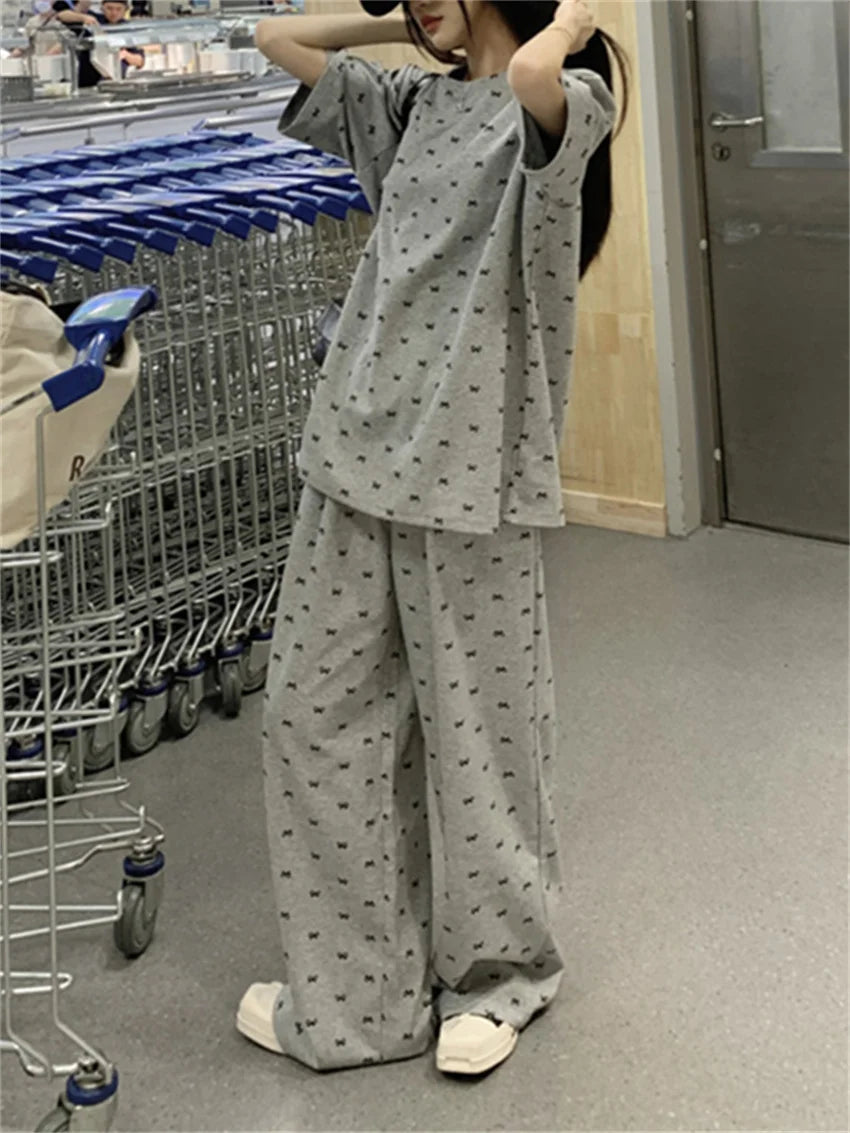 Aiertu  -  Summer Casual Suits Women Loose Printed Bow T-Shirts Daily Chic Office Lady 2026 High Street Wide Leg Pants Sets Aiertu