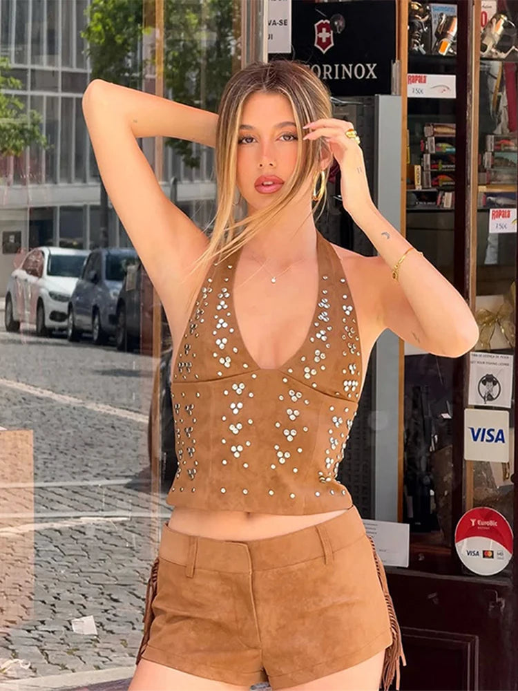 Aiertu  -  Nail Bead Faux Suede Vest Top fringed Shorts Women Set Sexy Slim Fit Halter Blouse Waistcoat Crop Tank Super Shorts Streetwear Aiertu