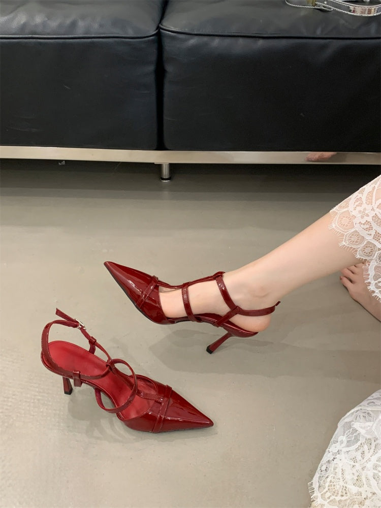 Aiertu  Retro Woman Shoes Closed Toe Sandals Summer Heels Buckle Original Stiletto Leather Girls Pointed Strap High Pumps Scandals Paten Aiertu