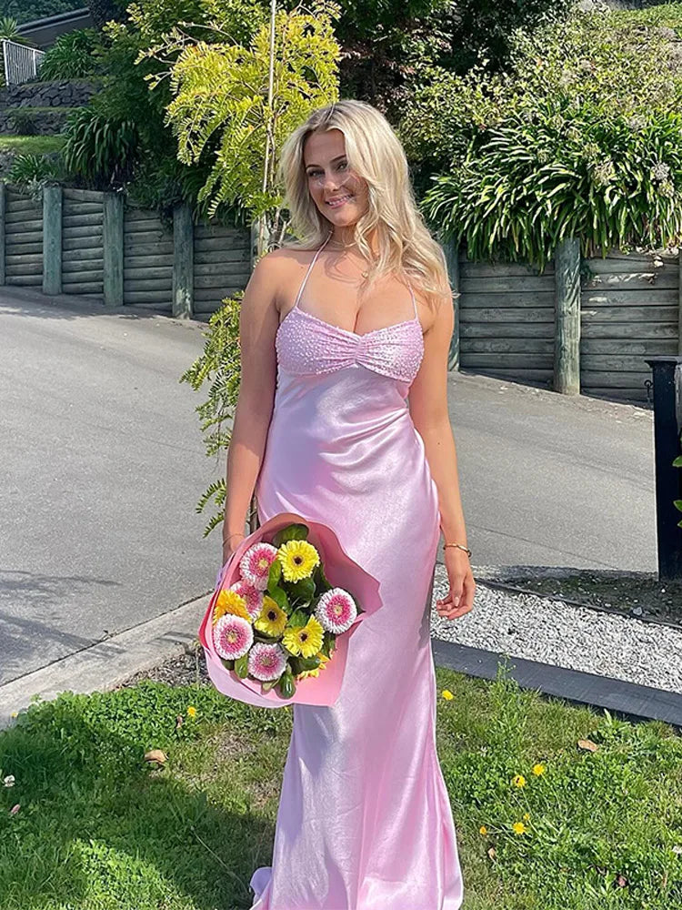 Aiertu  -  Fashion Sequin Halter Spliced Women dress V-neck  Backless Pleated Slim Fishtail Dresses 2026 Summer Beach Party Lady Robe Aiertu