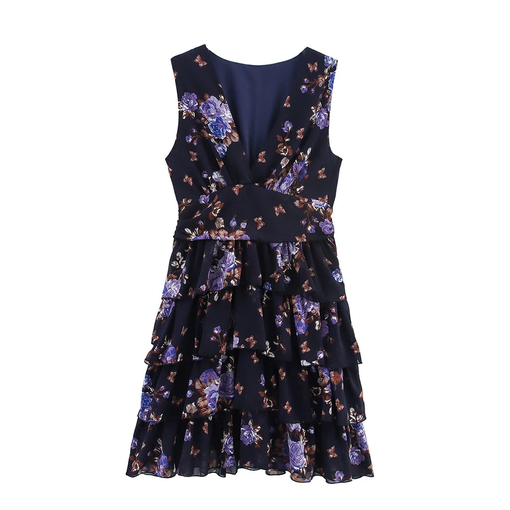 Aiertu  -  Pink White Deep Blue Three Color V Neck Sleeveless Floral Print Stacked Skirt Edge Design Women Short Dress ZATT 2025 Summer New Aiertu