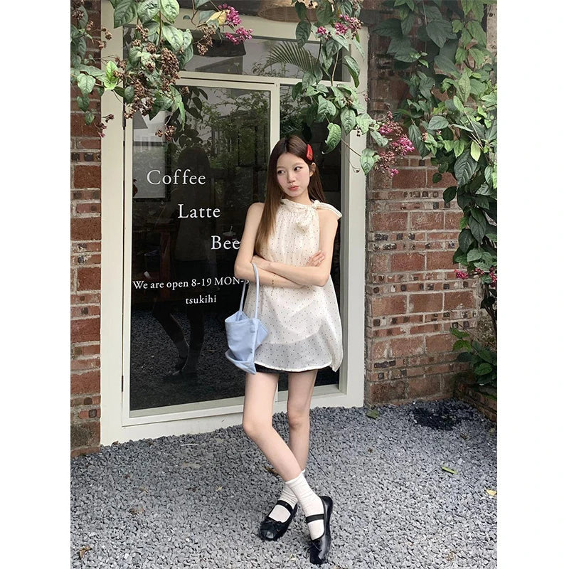 Aiertu Sweet Dot Shirts Women Elegant Bow Bandage Blouses Vintage Halter Print Tops Summer Korean Sleeveless Casual Clothes New Aiertu