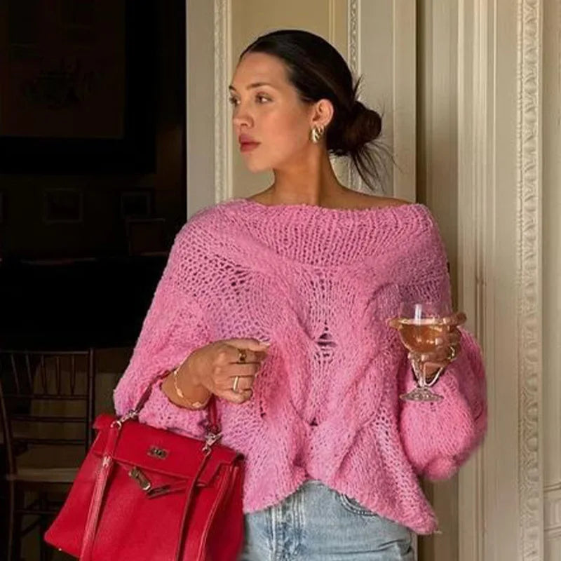 Aiertu  -  Women's Hand-knitted Twist Sweater Pullover Loose Fashion Versatile Long Sleeve Knitted Top Solid Color Autumn Winter New Aiertu