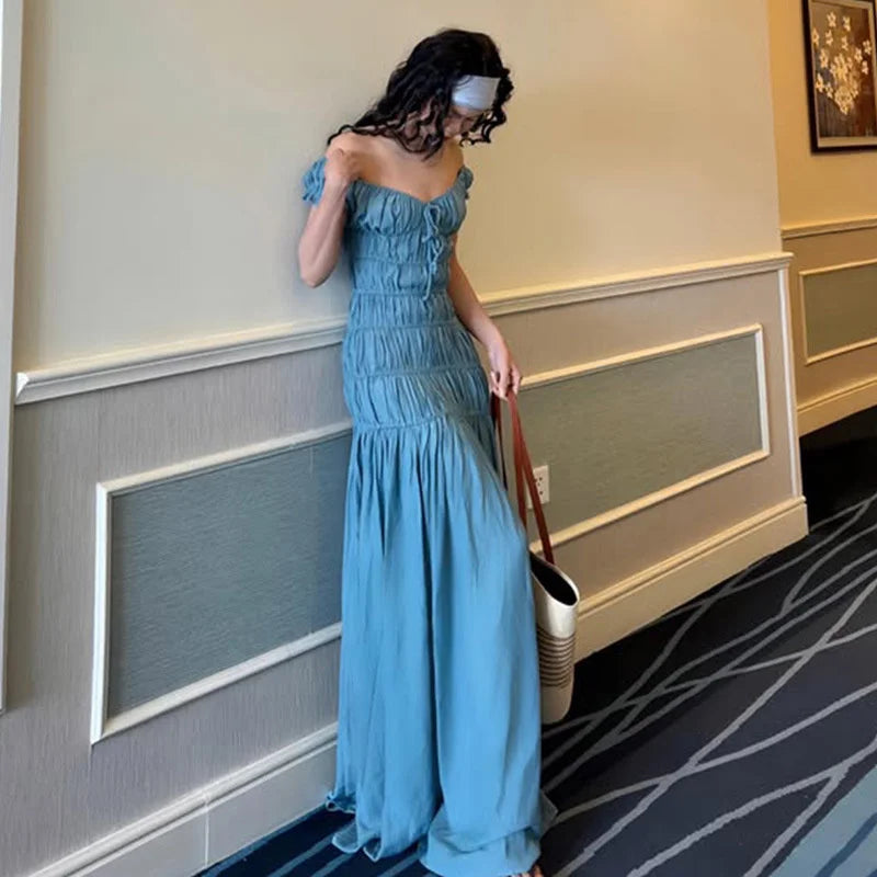 Aiertu  -  Sexy Deep V-neck Pleated Maxi Dress For Women Elegant Fashion Backless Slim Fit Solid Color Sexy Holiday Birthday Dress Aiertu