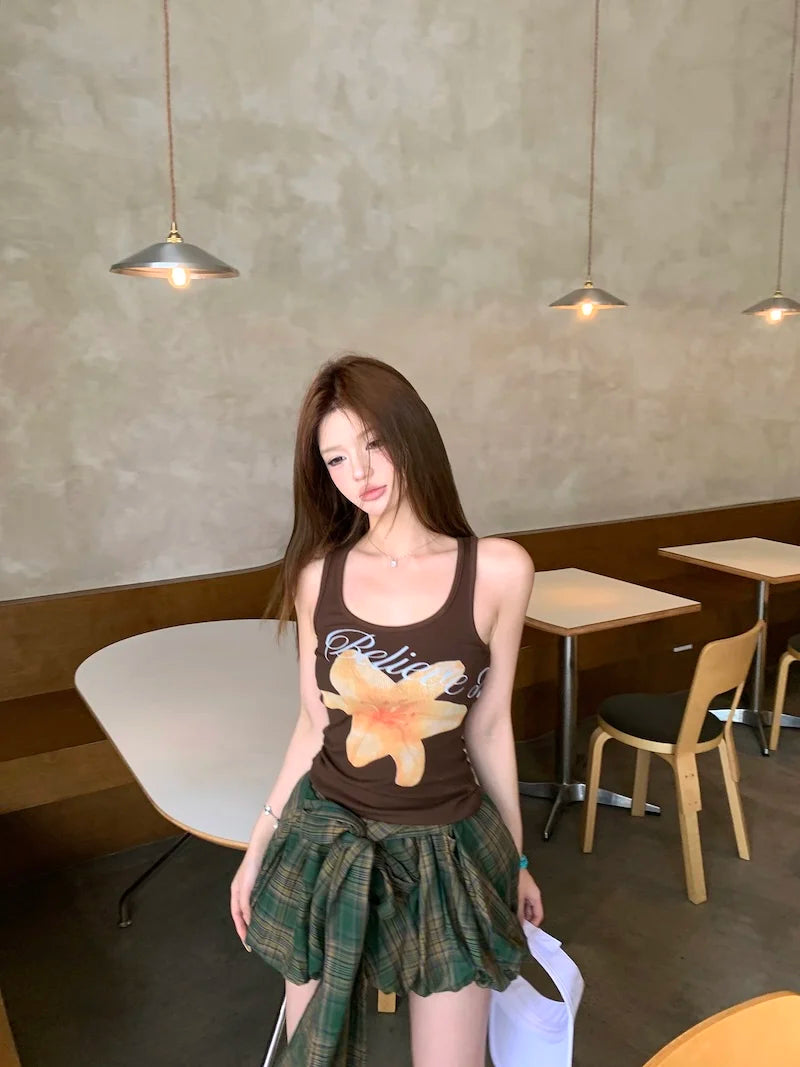 Aiertu  -  Summer New American Lace-up Pleated Plaid Casual Bud Skirt Women + Floral Printed Sexy Slim Camisole Two Pieces Suit Aiertu