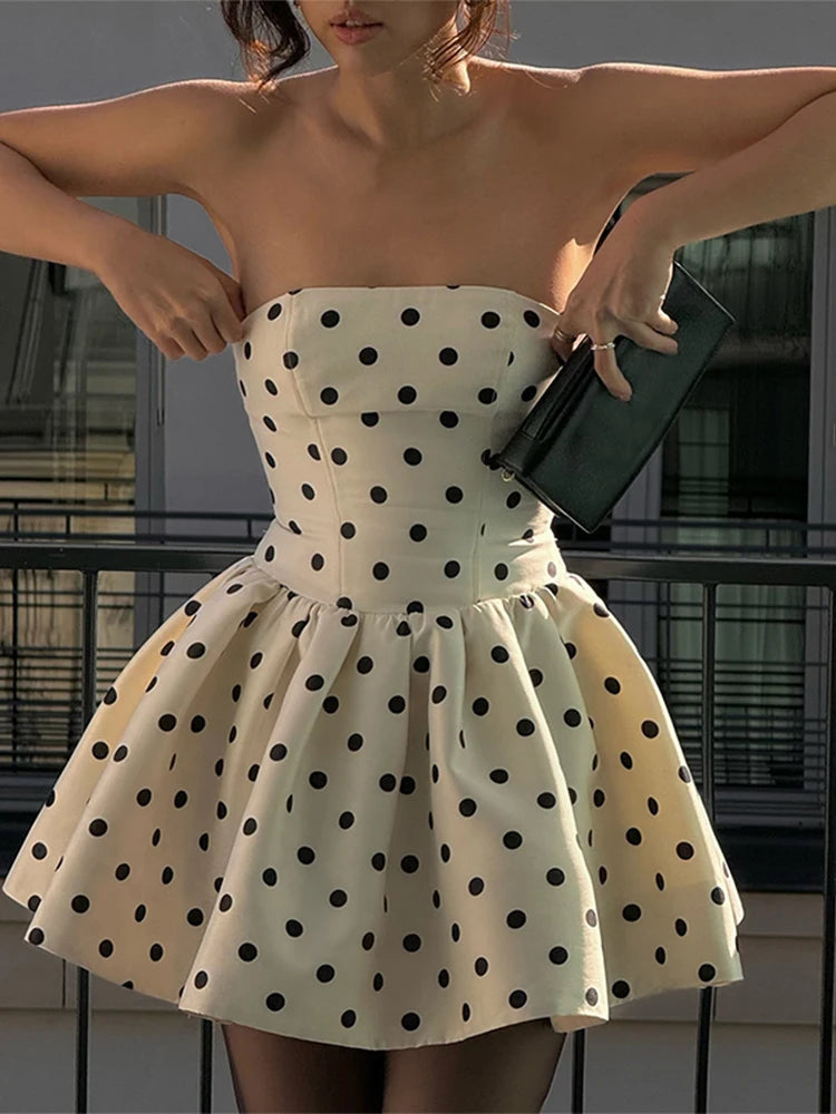 Aiertu  -  Women's Apricot A-line Dot Dress 90s Vintage Off Shoulder Sleeveless Dresses Y2k One Piece Frocks 2000s Coquette Clothes Summer Aiertu