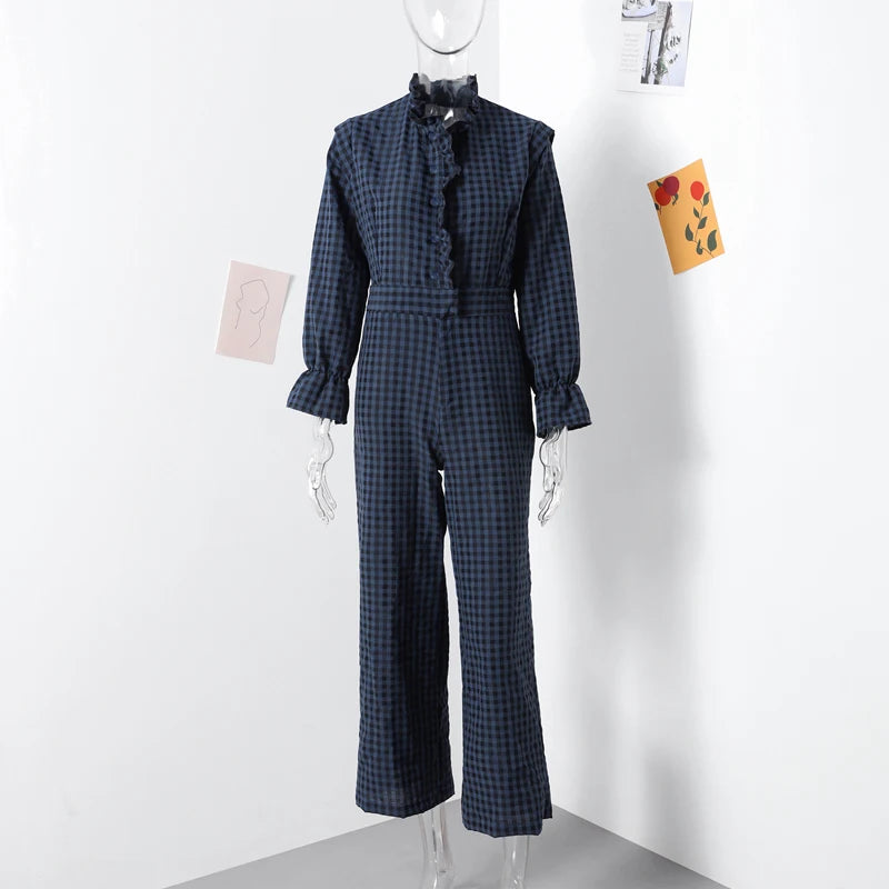 Aiertu  -  Elegant Plaid Ruffled Women Jumpsuit Long Sleeve Half High Collar Single-breasted Shirt Female Romper 2026 Pocket Straight Pants Aiertu