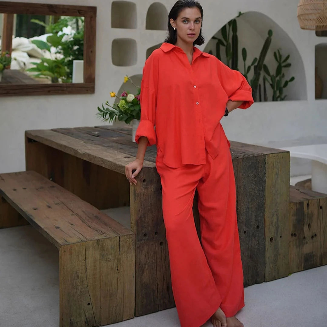 Aiertu  -  6-Colours 2pcs Casual Suit Women Clothing Loose Chic Polo Neck Long Sleeve Shirt Pants Suit Ladies Festival Outfit Aiertu