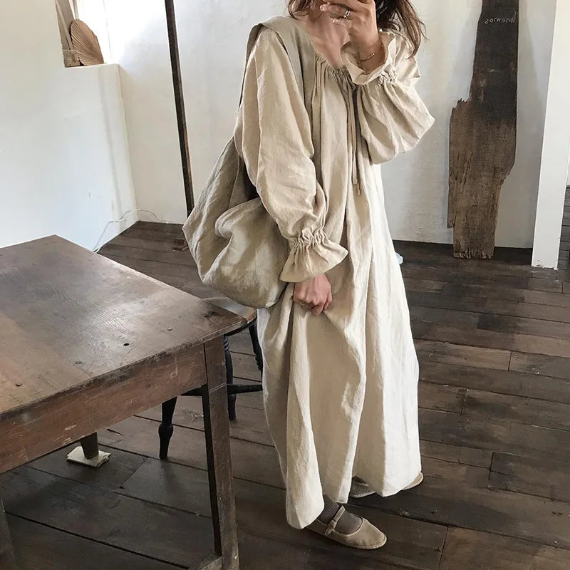 Aiertu  -  2026 New Spring 100% Cotton Dress for Women Solid Long Sleeve Drawstring Office Lady Elegant Maxi Dress Aiertu