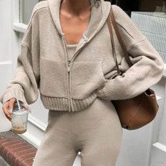 Aiertu  -  cold weather outfits Winter Knitted Cardigan Casual Khaki Basic Fashion Women Zipper Sweater with Pocket Mininalist Hooded Coat Y2K Outfit Aiertu