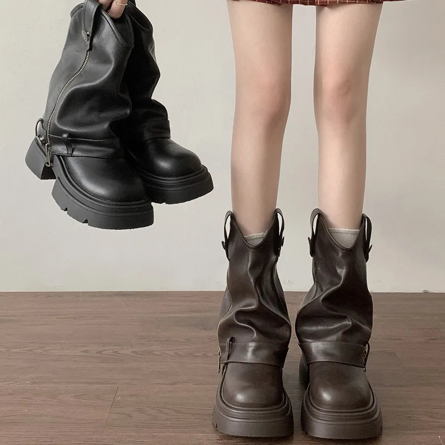 Aiertu    -  Autumn Women's Knee High Boots Western Round Toe Long Boots Women Western Shoes Chunky Heel Platform Women Aiertu