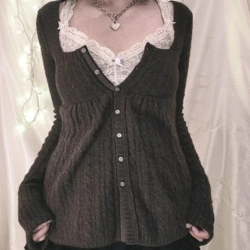 Aiertu  -  Elegant Vintage Y2k Knitted Sweater Women Sweet Long Sleeve Babydoll Pullovers 2000s Aesthetic Grunge Solid Sweaters Aiertu
