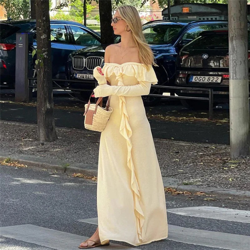 Aiertu  -  Elegant Maxi Dress Tassel Ruffles Women Slash Neck Off Shoulder Full Sleeve Ladies Evening Party Prom Slim Vestidos Aiertu