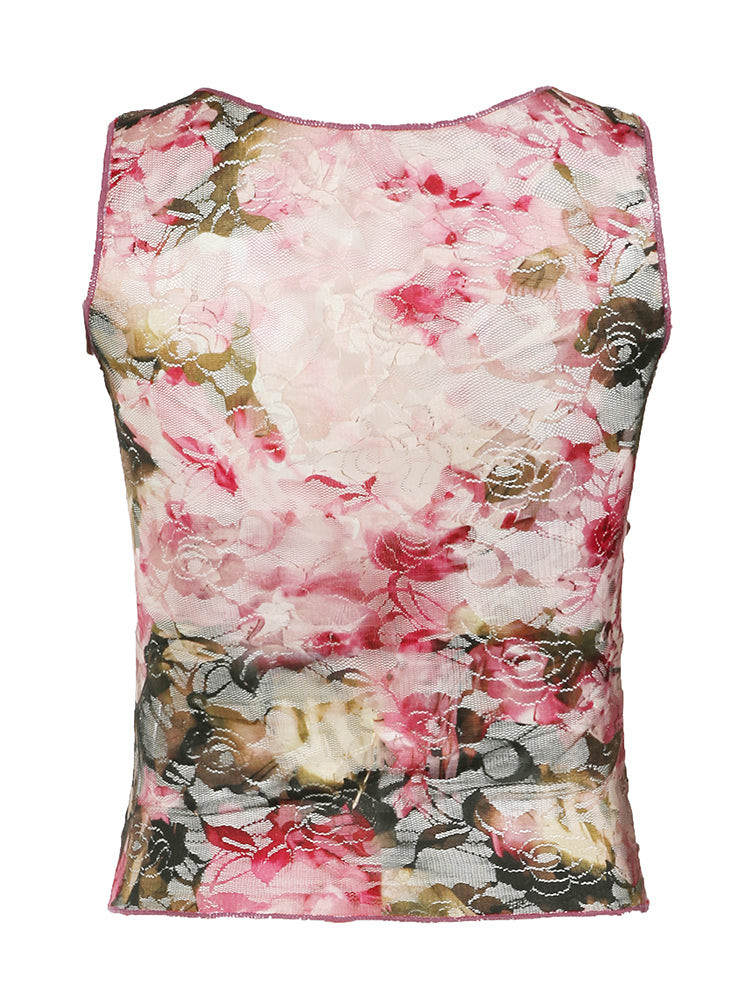 Aiertu - summer inspo Hot French Romantic Colorful Floral Print Lace Vest Sleeveless V Neck Slim Elegant Sexy Summer Vacation Boho Tank Top Women Aiertu