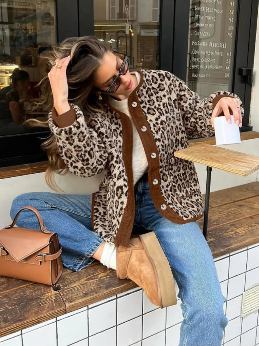 Aiertu  -  Leopard Polar Fleece Warm Jacket Women Autumn Single Breasted Long Sleeve Outerwear Streetwear Fashion Patchwork Jackets 2026 Aiertu