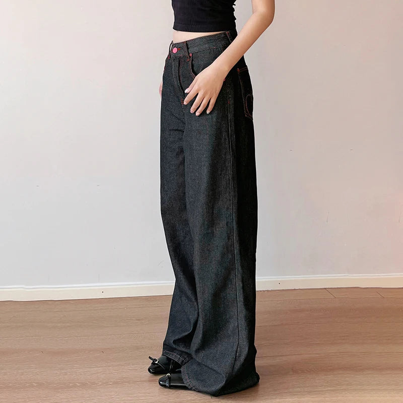 Aiertu  -  Y2K Contrast Stitch Black Straight Jeans Vintage Embroidery Pockets Back Harajuku Vintage Loose Denim Pants Grunge Aiertu