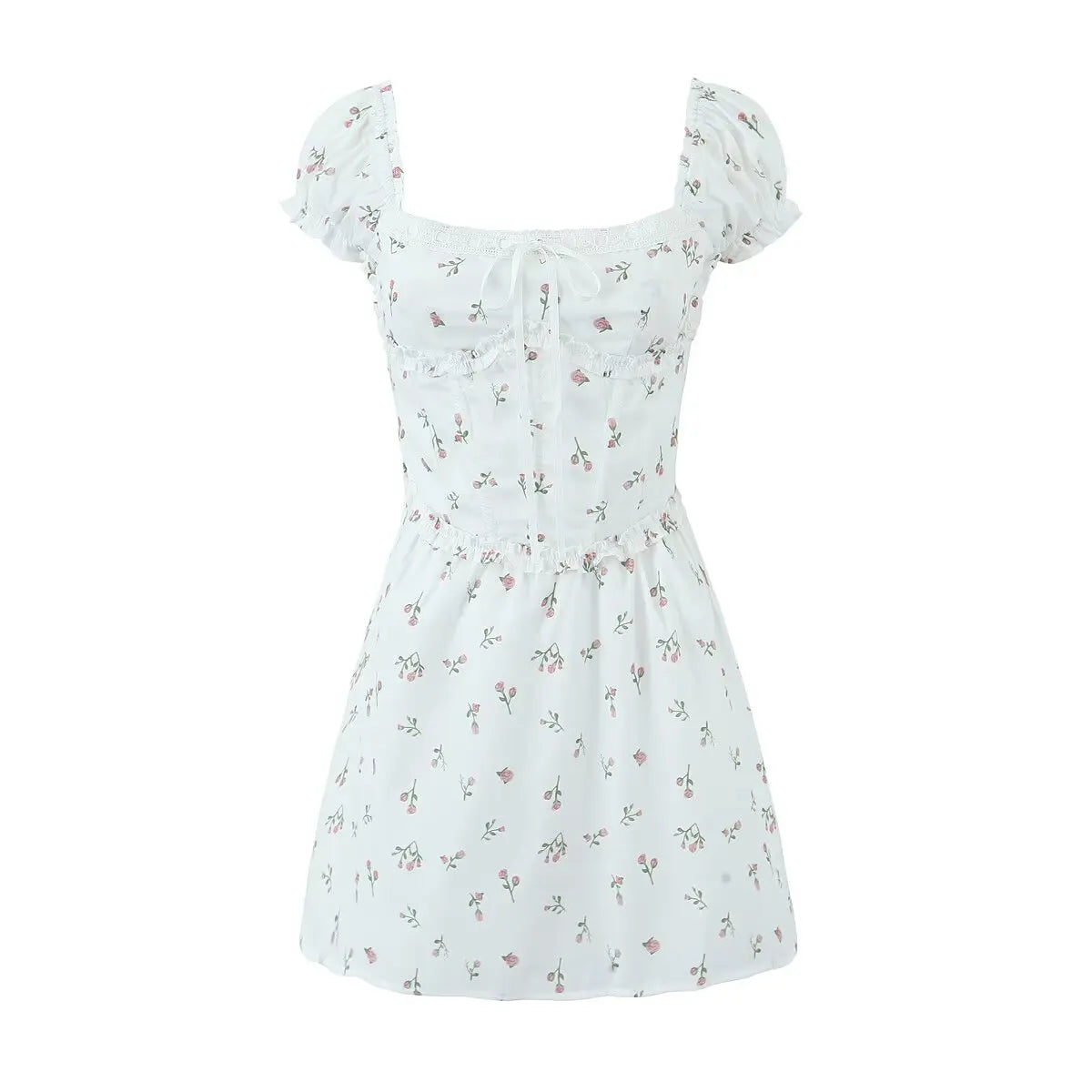 Aiertu  -  Summer Women Elegant Pink Mini Dress Vintage Puff Sleeve Slim Low Waist Birthday Party Dresses Bandage Back Robe Aiertu