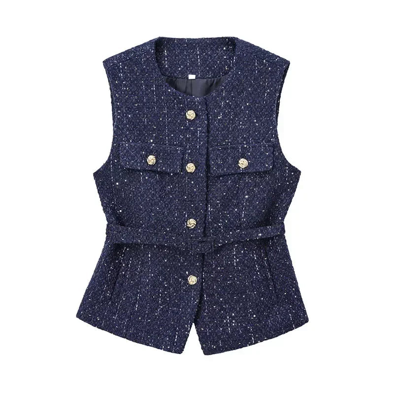 Aiertu  -  Elegant Solid Tweed Sequin Women Vests Sleeveless O-Neck Female Tank Fashion Slim Autumn Single Breasted Lady Waistcoat Aiertu
