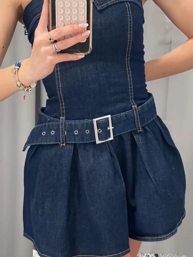 Aiertu  -  Sexy Women's Denim Mini Dress Adjustable Belt Strapless Ruffle Hem Dresses Lady Summer New Casual Party Club Wear 2025 Aiertu