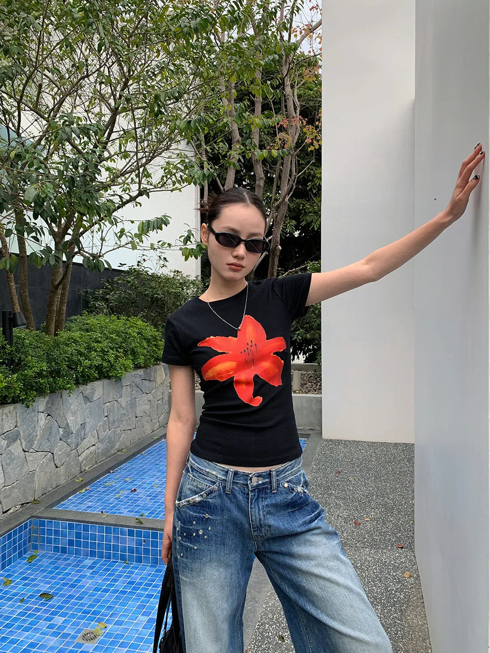 Aiertu  -  Girl Slim Flower Printed T-Shirt Women's 2026 Spring and Summer Versatile Short Top Women Aiertu