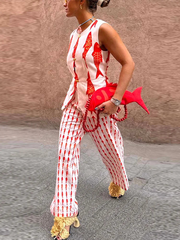 Aiertu    -  Fashion Women's Printed Vest Trouser Suits Sleeveless O-Neck Button Straight Pants Lady Sets 2025 Summer 2 Pieces Set Women Aiertu