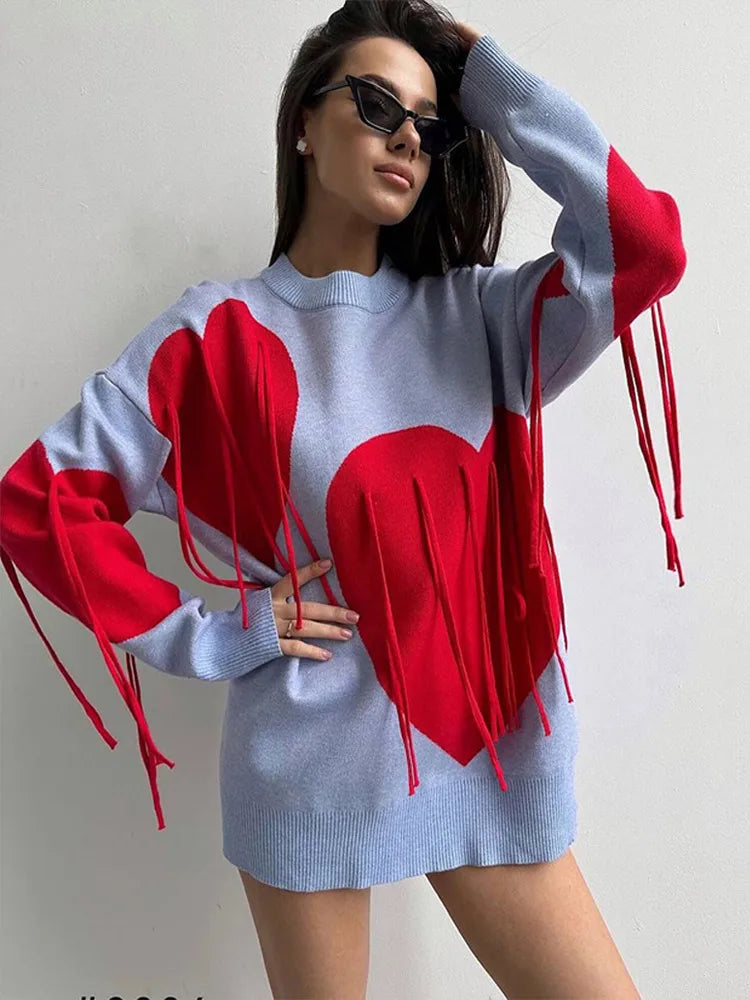 Aiertu  -  Chic Sweet Love Heart Print Tassels Spliced Y2k Sweater Women O-neck Long Sleeves Casual Jumpers Lady Elegant Knitted Pullover Aiertu