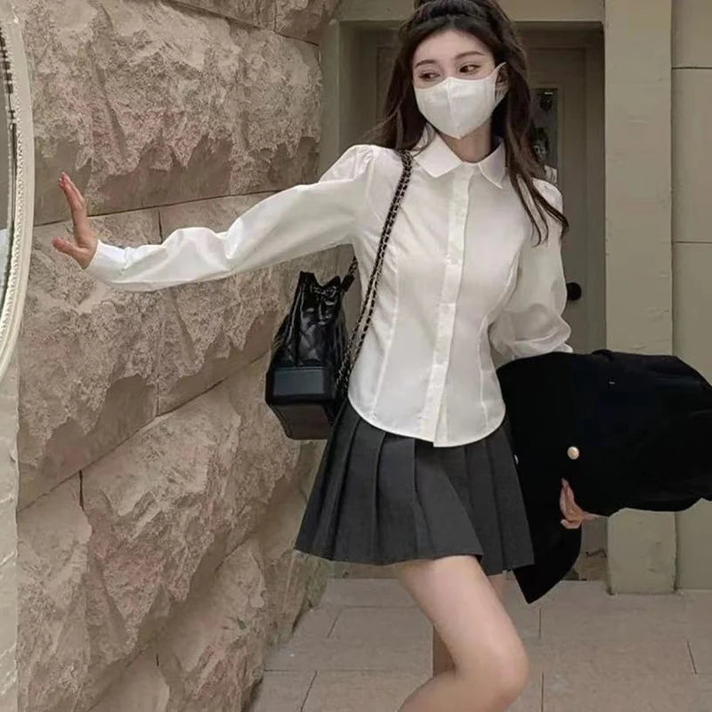 Aiertu Women's White Shirt Korean Preppy Style Long Sleeve Turndown Collar Blouse School Girl Uniform Student Slim Shirts Aiertu