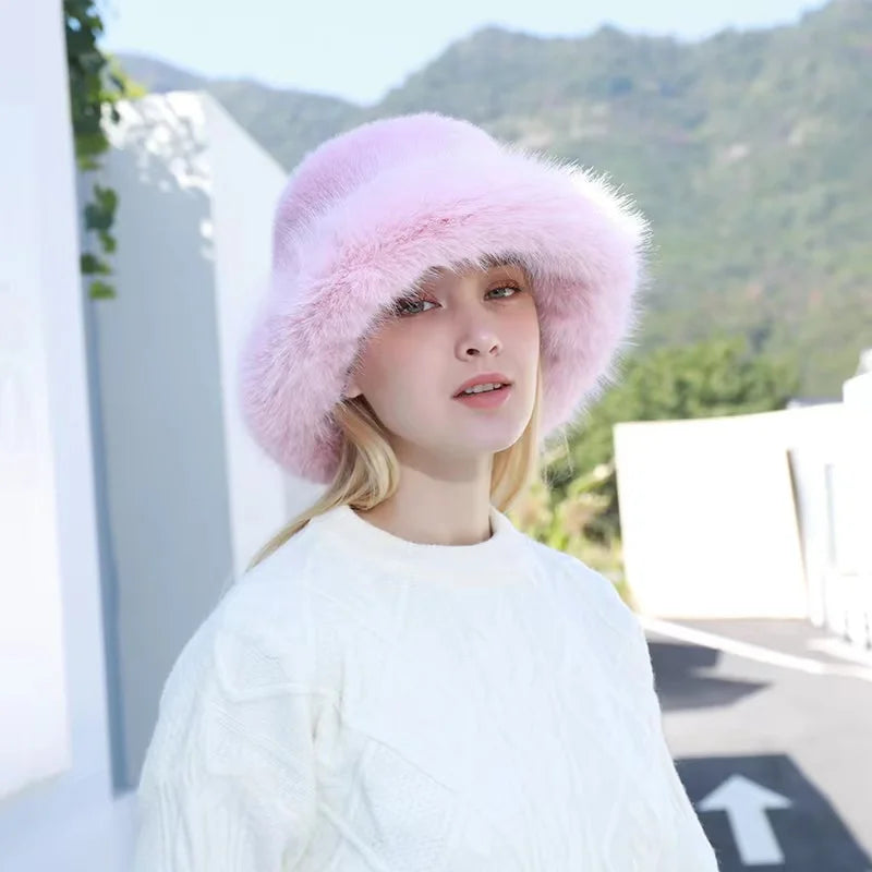 Aiertu  -  Autumn Winter Women Keep Warm Rainbow Faux Fox Fur Basin Cap Female Fashion Casual Party Bucket hat Music Festival Thickened Hat Aiertu