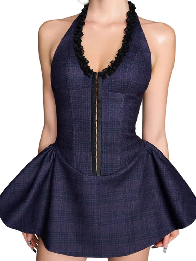 Aiertu  -  Women Plaid A-line Dress Vintage Off Shoulder Sleeveless Luxury Dresses Y2k Party Club One Piece Frocks Coquette Clothes Summer Aiertu