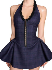 Aiertu  -  Women Plaid A-line Dress Vintage Off Shoulder Sleeveless Luxury Dresses Y2k Party Club One Piece Frocks Coquette Clothes Summer Aiertu