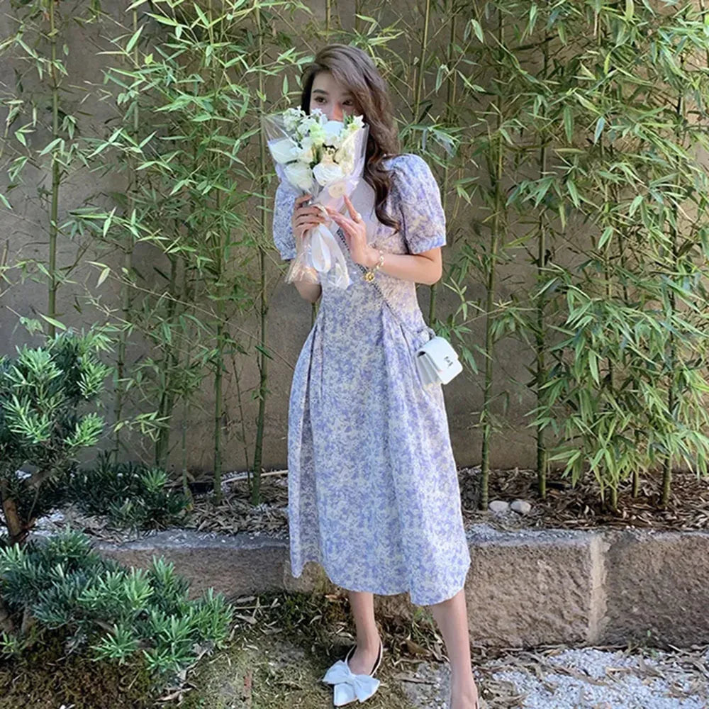 Aiertu  -  Casual Holiday Long Dresses 2024 Women Chic Floral Summer Elegant Prom Evening Bubble Sleeve Maxi Dress For Chiffon Korean Lady Aiertu