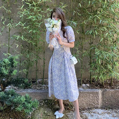 Aiertu  -  Casual Holiday Long Dresses 2024 Women Chic Floral Summer Elegant Prom Evening Bubble Sleeve Maxi Dress For Chiffon Korean Lady Aiertu