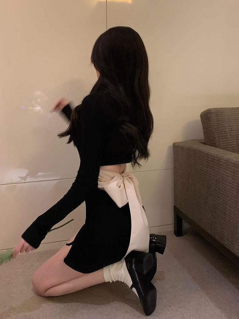 Aiertu  Off Shoulder Woman Long Sleeve Dress Black Short Bow Birthday Mini Dresses for Women Autumn and Winter New in Elegant Beautiful Aiertu